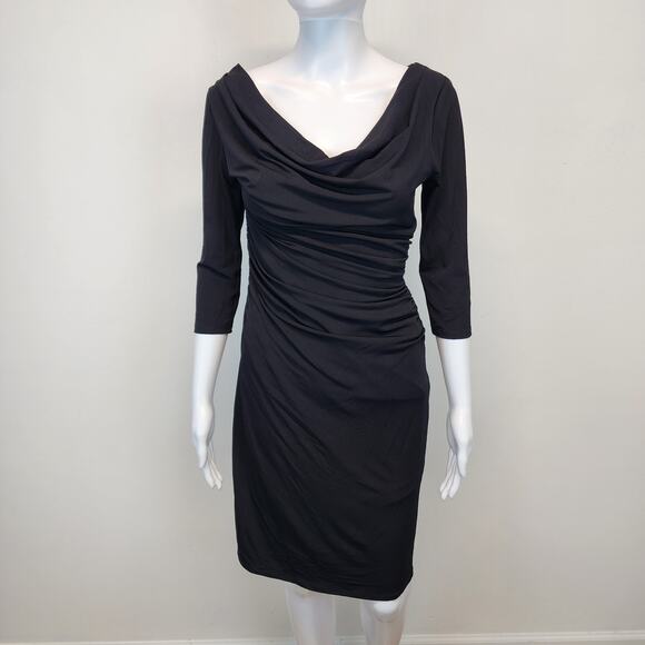 WHBM Cowl Neck Sheath Dress Size 4 Black Stretch Y2K 3/4 Sleeve Ruched Evening - Picture 1 of 12